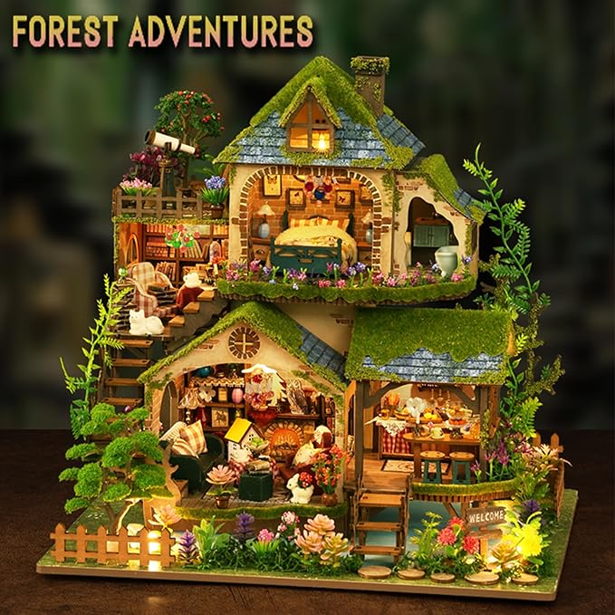 ISSEVE DIY Miniature House Kit, Tiny House Dollhouse Kit for Adults, Mini House Building Kits, Halloween Christmas Home Bookshelf Decoration, Gifts for Family and Friends (Forest Adventure)