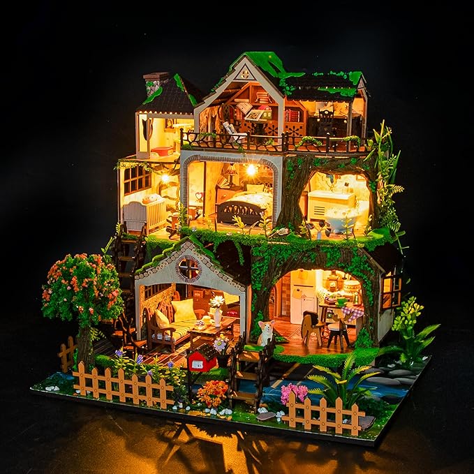 ISSEVE DIY Miniature House Kit, Tiny House Dollhouse Kit for Adults, Mini House Building Kits, Halloween Christmas Home Bookshelf Decoration, Gifts for Family and Friends (Forest Castle)