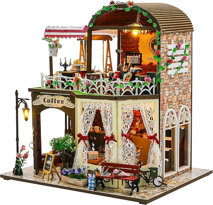ISSEVE DIY Book Nook Kit, Miniature House Kit with LED Light for Booknook, Mini House Building Kit for Adults, Tiny Dollhouse Bookshelf Home Decor Halloween Christmas Crafts Gifts (Coffee Time)