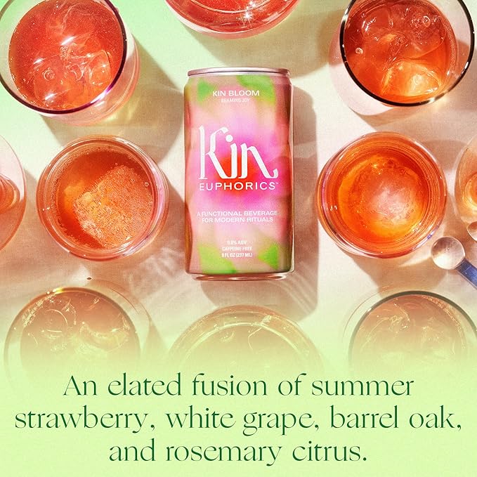 Kin Euphorics Kin Bloom Non-Alcoholic Functional Beverage | All day rosé | Elevate Your Mind & Spirit | Prebiotic | L-Theanine, Schisandra, Damiana | Ready to Drink | 8 Fl Oz (8pk)