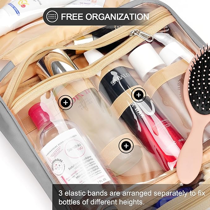 Travel Hanging Toiletry Bag for Women, Large Makeup Bag 8 Leak Proofing Silicone Bottle Covers, Waterproof Cosmetic Bag with Jewelry Organizer Compartment, Toiletries Kit Set, Grey