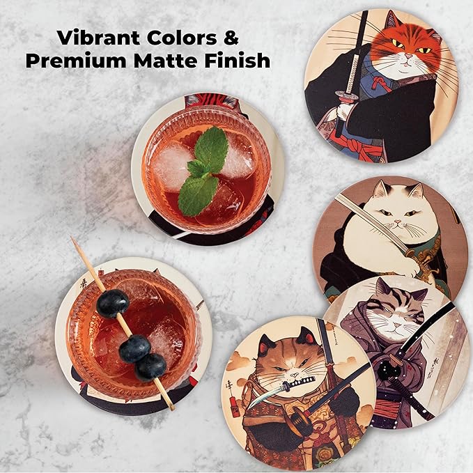 Cat Coasters Ninja Edition - Anime Cat Decor - Set of 6 Drink Coasters with Holder