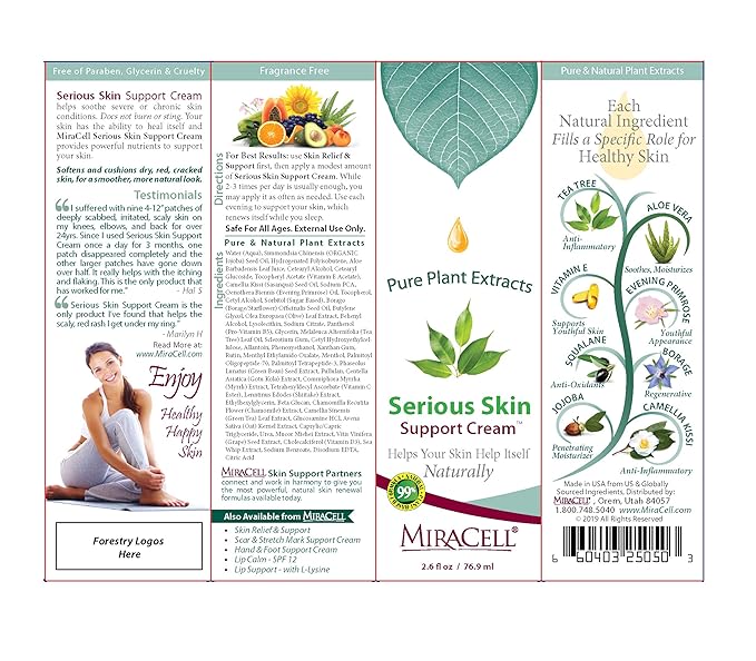 Miracell Serious Skin Support Cream 2.6 oz, moisturizing for psoriasis, eczema, rosacea, rashes, all skin conditions.
