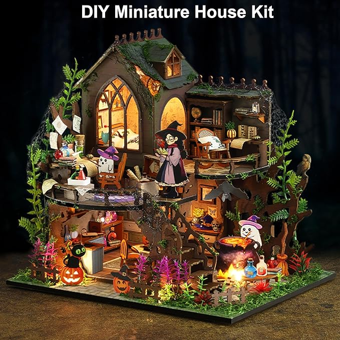 ISSEVE DIY Miniature House Kit, Tiny House Dollhouse Kit for Adults, Mini House Building Kits, Halloween Christmas Home Bookshelf Decoration, Gifts for Family and Friends (Magic Castle)