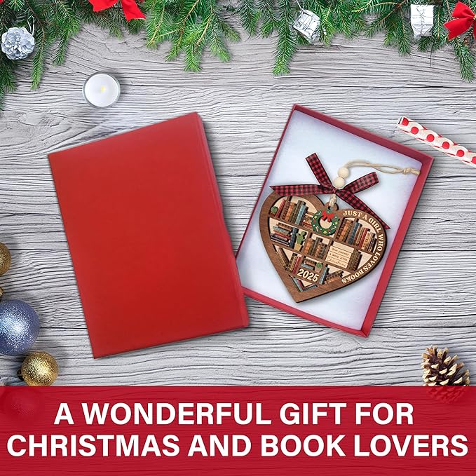 Just A Girl Who Loves Books Ornament 2025 - Heart Bookshelf Wooden Christmas Ornament for Readers, Librarians & Bookworms - Christmas Tree Decorations 2 Layer Wood Keepsake with Gift Box