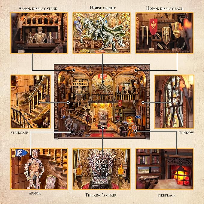 Book Nook Kit - DIY Medieval Castle Booknook for Adults & Teens, 3D Wooden Puzzle Bookshelf Insert with LED Lights, Unique Creative Craft Gift for Home Decor & Model Building