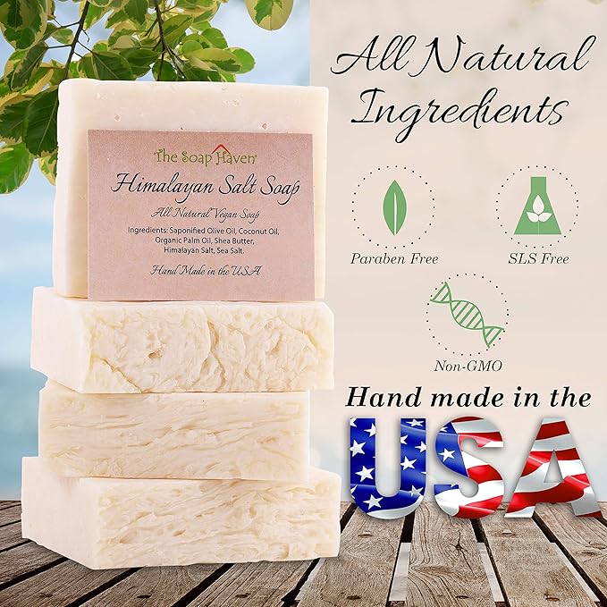 Himalayan Salt Soap Bars with Sea Salt & Shea Butter – 4 Soap Bars, Handmade in USA, All Natural, Non-GMO, Unscented (4.5 oz Each)