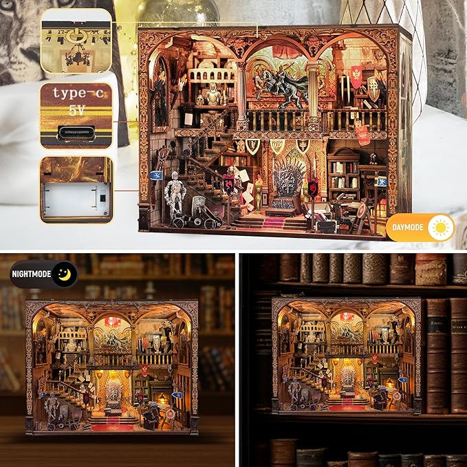 Book Nook Kit - DIY Medieval Castle Booknook for Adults & Teens, 3D Wooden Puzzle Bookshelf Insert with LED Lights, Unique Creative Craft Gift for Home Decor & Model Building