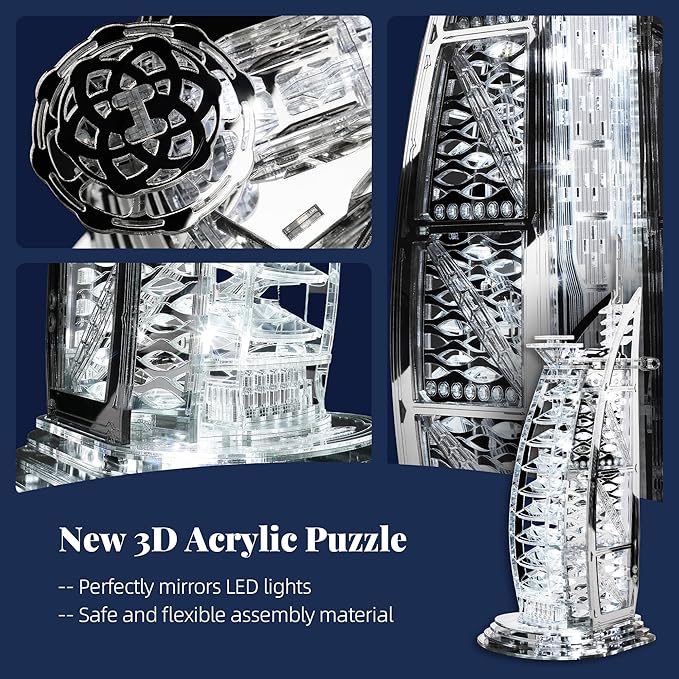 3D Puzzle Burj Al Arab Building Model Kit, DIY Dubai Landmark Building Model with LED Light, Home Decor Festival Gift for Adults & Children 100PCS (Silver)