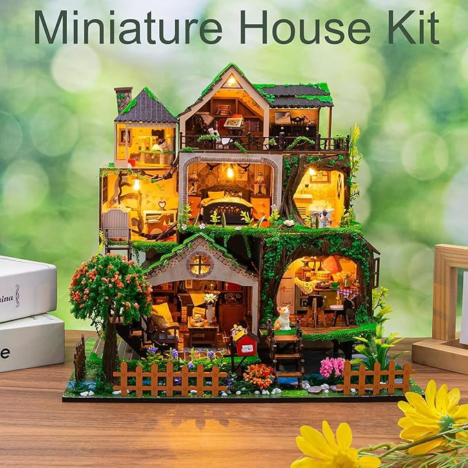ISSEVE DIY Miniature House Kit, Tiny House Dollhouse Kit for Adults, Mini House Building Kits, Halloween Christmas Home Bookshelf Decoration, Gifts for Family and Friends (Forest Castle)