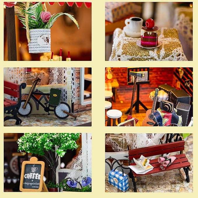 ISSEVE DIY Book Nook Kit, Miniature House Kit with LED Light for Booknook, Mini House Building Kit for Adults, Tiny Dollhouse Bookshelf Home Decor Halloween Christmas Crafts Gifts (Coffee Time)