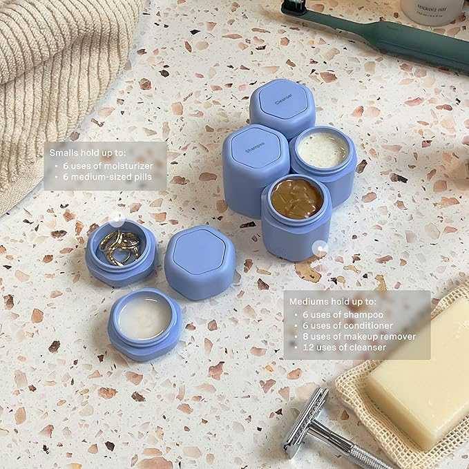 Cadence Travel Containers - Daily Routine Capsule Set - Magnetic Containers with Lids,4 Flex Mediums (1.32oz) & 3 Flex Smalls (0.56oz) - Shampoo, Conditioner, Body Wash, Pills, & More - Pacific