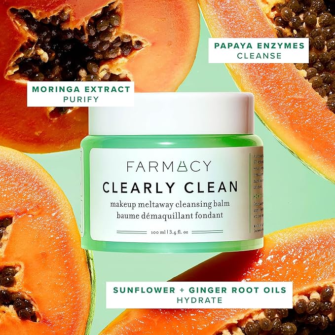 Farmacy Makeup Remover Cleansing Balm - Clearly Clean Sensitive Skin Makeup Remover + Oil Based Cleanser - Gentle Exfoliating Double Cleanser - Melts From Balm to Milky Lather - Fragrance Free (100ml)