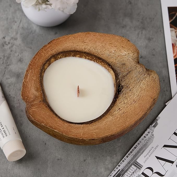 Scented Candle Clearance, Wooden Wick Soy Candles in a Big Coconut Shell, Relaxation Gifts for Women, Room Decor Natural Candles Non-Toxic (Coffee on The Shores of Bali)