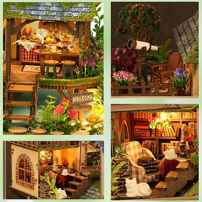 ISSEVE DIY Miniature House Kit, Tiny House Dollhouse Kit for Adults, Mini House Building Kits, Halloween Christmas Home Bookshelf Decoration, Gifts for Family and Friends (Forest Adventure)