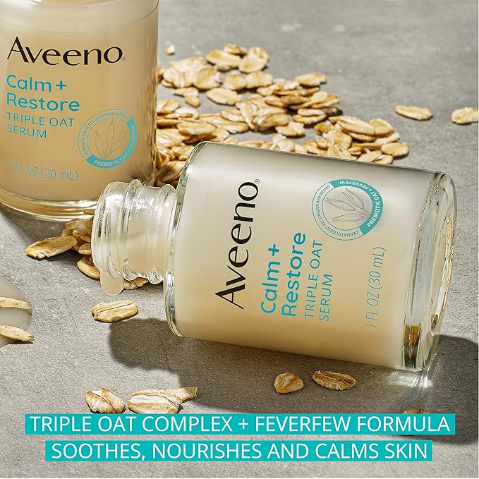 Aveeno Skin-care Bundle for Sensitive Skin, Calm + Restore Triple Oat Hydrating Face Serum, 1 fl. oz, & Trial Size Daily Moisturizing Cream + Prebiotic Oat, 0.5 oz, Fragrance Free, Two Items