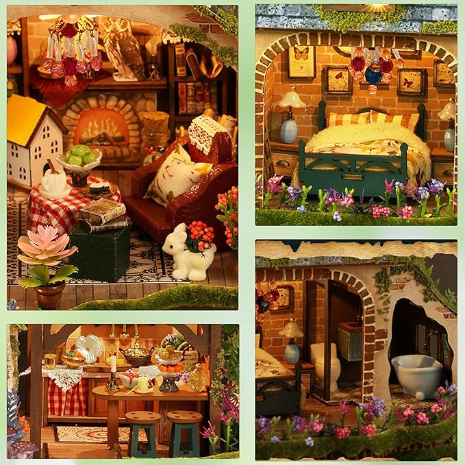 ISSEVE DIY Miniature House Kit, Tiny House Dollhouse Kit for Adults, Mini House Building Kits, Halloween Christmas Home Bookshelf Decoration, Gifts for Family and Friends (Forest Adventure)