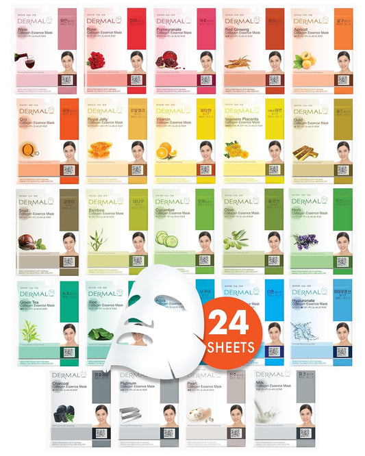 DERMAL Korean Collagen Face Mask – Hydrating & Soothing Sheet Mask with Panthenol – Hypoallergenic Calming Moisture Care for All Skin Types – 24 Combo Pack