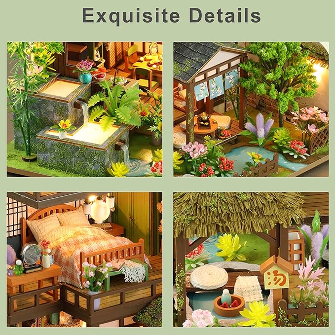 ISSEVE DIY Miniature House Kit, Tiny House Dollhouse Kit for Adults, Mini House Building Kits, Halloween Christmas Home Bookshelf Decoration, Gifts for Family and Friends (Bamboo Spring Courtyard)