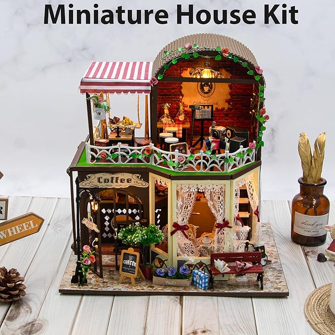ISSEVE DIY Book Nook Kit, Miniature House Kit with LED Light for Booknook, Mini House Building Kit for Adults, Tiny Dollhouse Bookshelf Home Decor Halloween Christmas Crafts Gifts (Coffee Time)