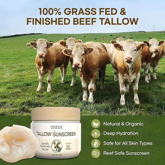 Beef Tallow Sunscreen with Zinc Oxide: Tallow & Zinc Oxide Instant Sun Protection - Non Greasy Formula with Beeswax, Red Raspberry, Carrot Oil - Suitable for Dry and Sensitive Skin - Fresh Scent