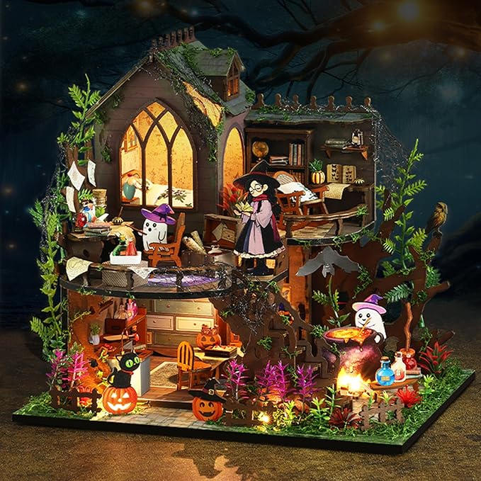 ISSEVE DIY Miniature House Kit, Tiny House Dollhouse Kit for Adults, Mini House Building Kits, Halloween Christmas Home Bookshelf Decoration, Gifts for Family and Friends (Magic Castle)