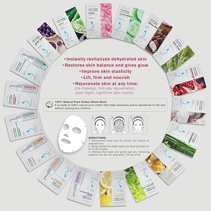 Hyaluronic Aqua Plus Essence Full Face Facial Sheet Mask 14 Sheets - 2 WEEKS SET (ACAI BERRY - 14 pack)