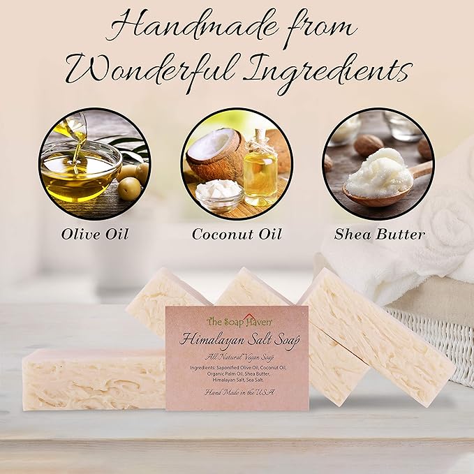 Himalayan Salt Soap Bars with Sea Salt & Shea Butter – 4 Soap Bars, Handmade in USA, All Natural, Non-GMO, Unscented (4.5 oz Each)
