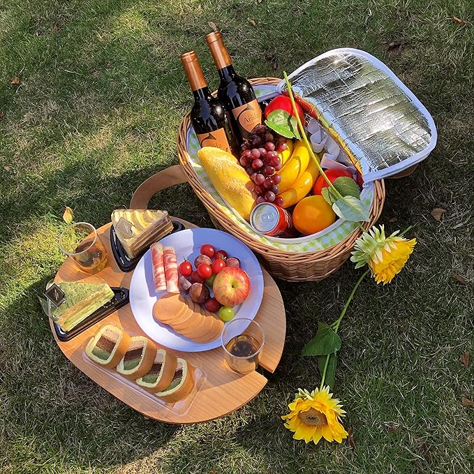 Hap Tim Wicker Picnic Basket Set for 2 with Mini Folding Wine Picnic Table & Large Insulated Cooler Bag & Cutlery Service Kits for 2 Person, Couples Gifts, Wedding Gifts (Y2209-2-GR)