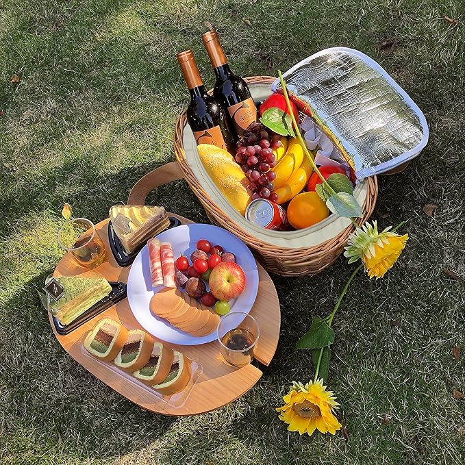 Hap Tim Wicker Picnic Basket Set for 4 with Mini Folding Wine Picnic Table & Large Insulated Cooler Bag & Cutlery Service Kits for 4 Person, Couples Gifts, Wedding Gifts (Y2209-4-CM)