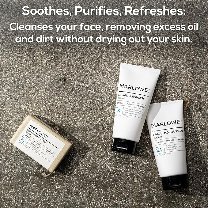 MARLOWE. No. 121 Facial Cleanser 6 oz, Daily Mens Face Wash with Natural Extracts & Antioxidants, Soothes, Purifies, Refreshes, Thick Lather, Fresh Woodsy Scent