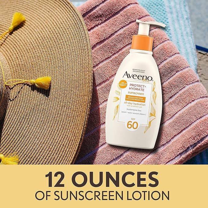 Aveeno Protect + Hydrate Sunscreen Moisturizing Body Lotion with Broad Spectrum SPF 60 and Prebiotic Oat, Weightless, Paraben, Oxybenzone, and Oil Free Sunscreen, 12 FL OZ