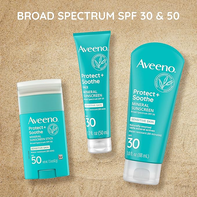 Aveeno Protect + Soothe Mineral Sunscreen Stick for Sensitive Skin, SPF 50, Water-Resistant for 80 minutes, Face & Body Sunscreen with Zinc Oxide & Oat, Fragrance-Free, Travel Size, 1.5 OZ